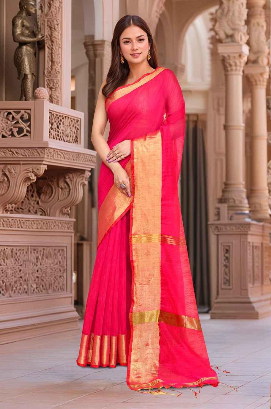 Cotton Pink & Golden Saree with Running Blouse
