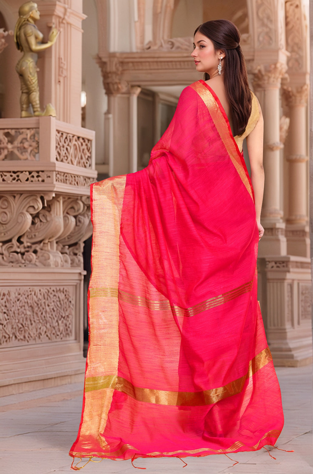 Cotton Pink & Golden Saree with Running Blouse