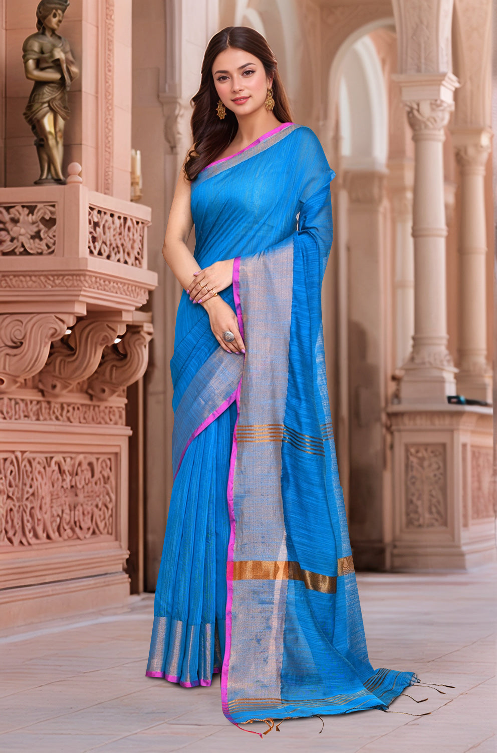 Cotton Blue Saree with Running Blouse
