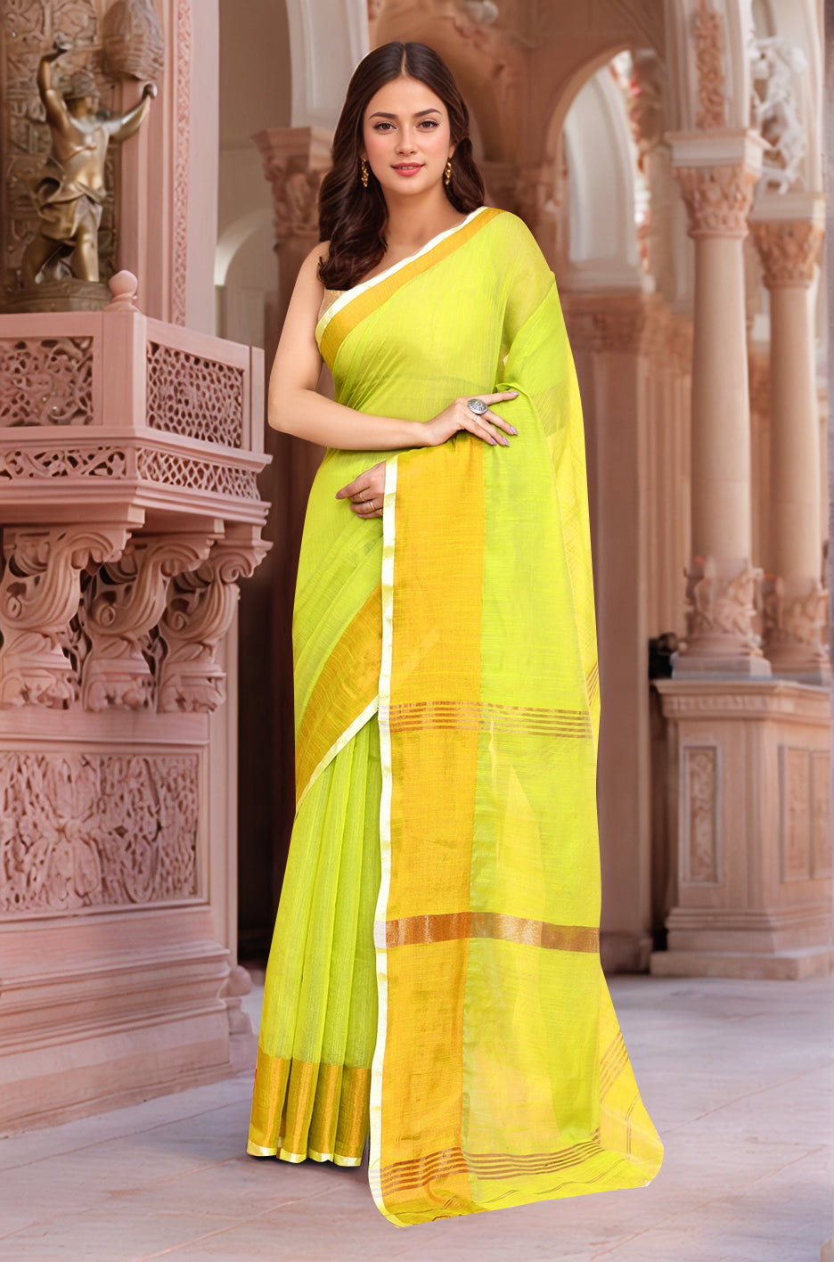 Cotton Yellow Saree with Running Blouse