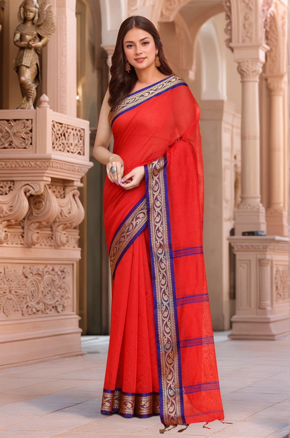 Cotton Red saree with Running Blouse