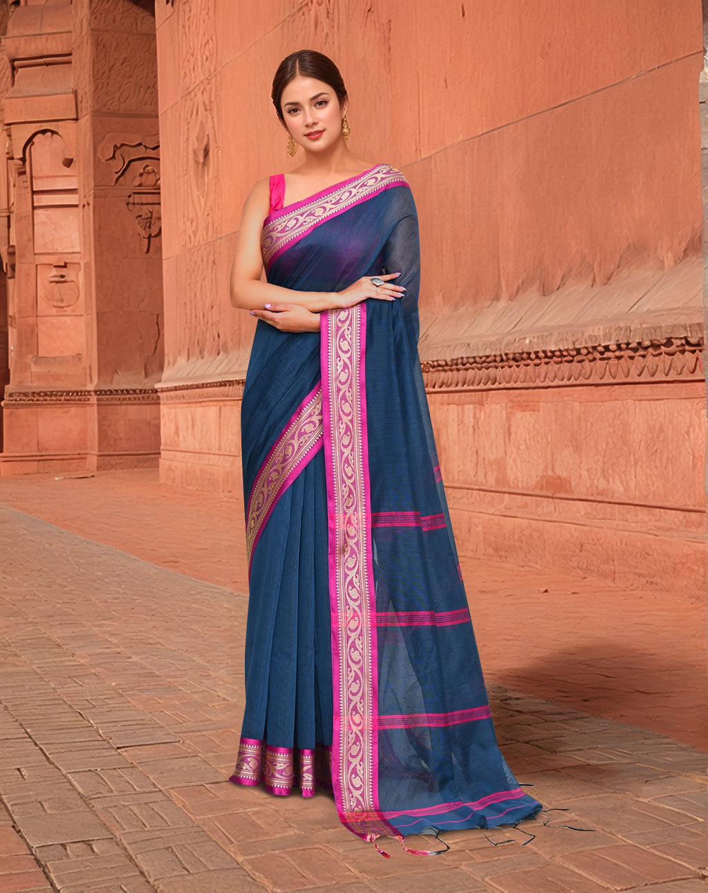 Cotton Navy Blue and Pink Saree with Running Blouse