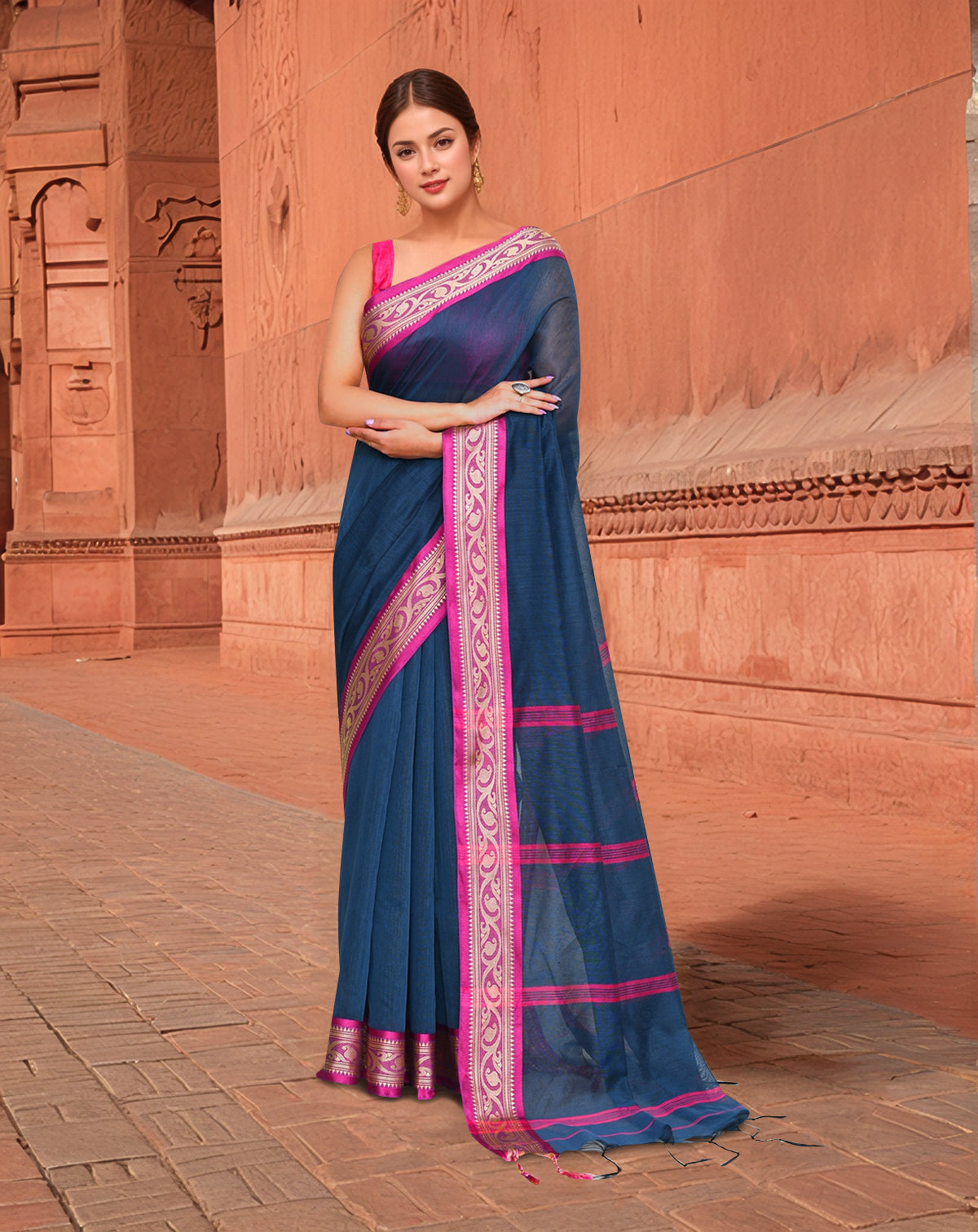 Cotton Navy Blue and Pink Saree with Running Blouse