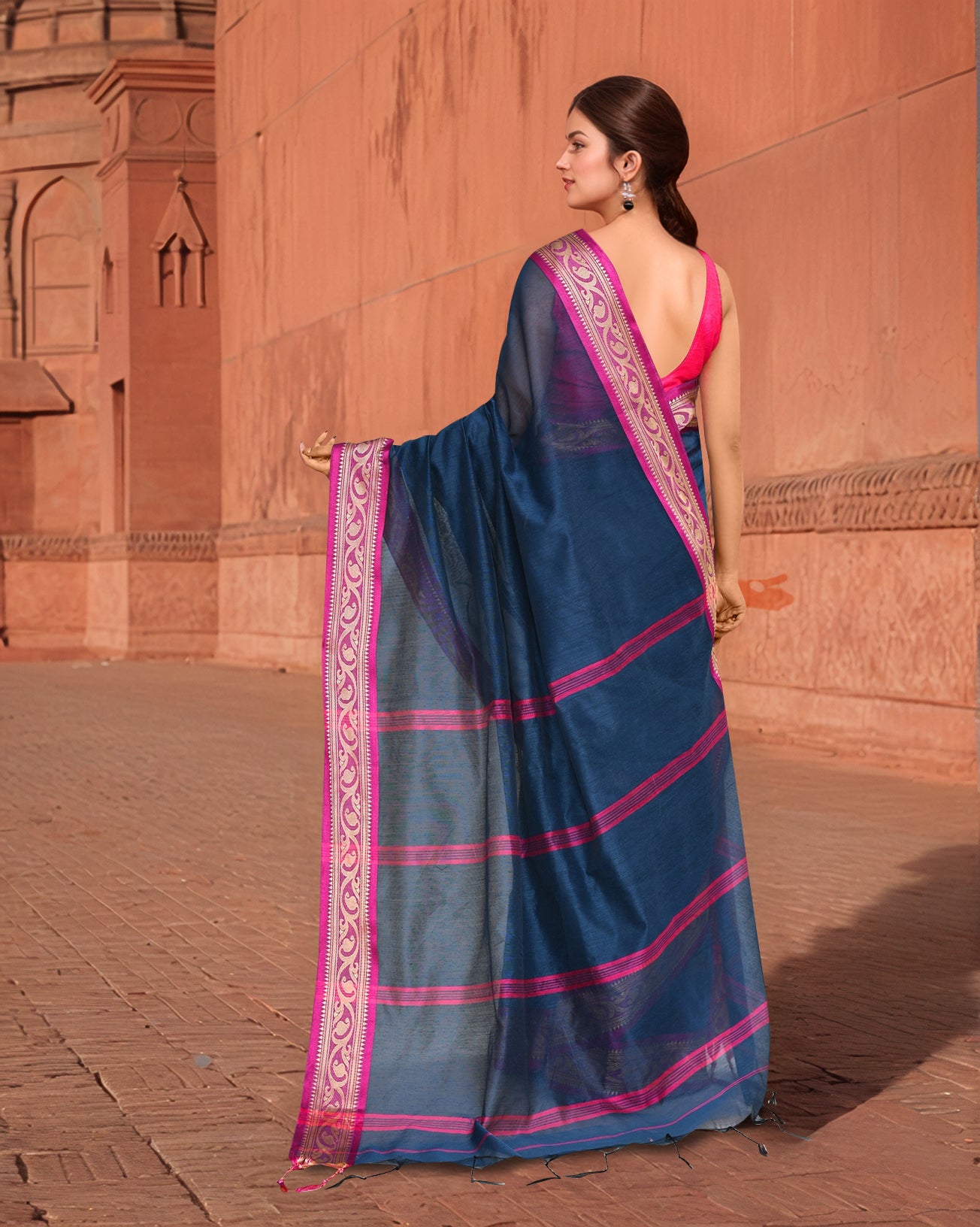 Cotton Navy Blue and Pink Saree with Running Blouse