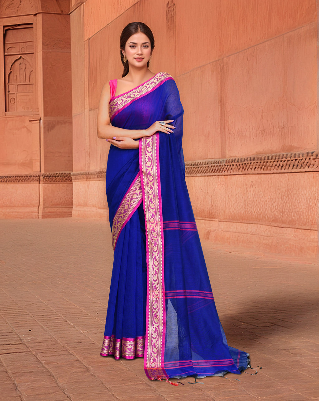 Cotton Blue and Pink Saree with Running Blouse