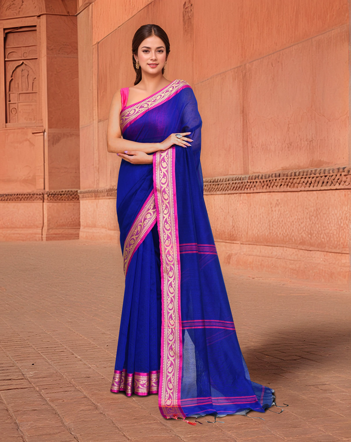 Cotton Blue and Pink Saree with Running Blouse