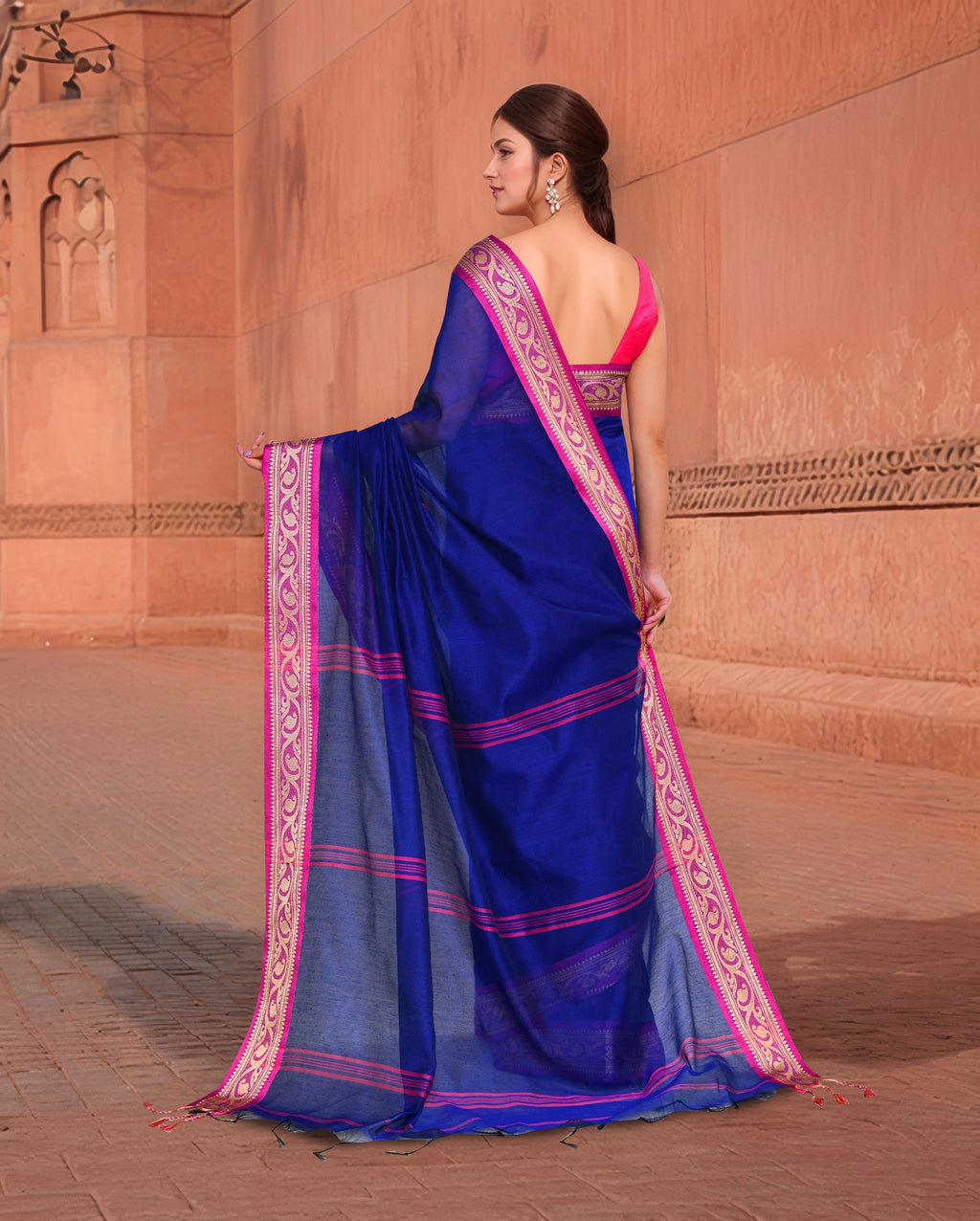 Cotton Blue and Pink Saree with Running Blouse