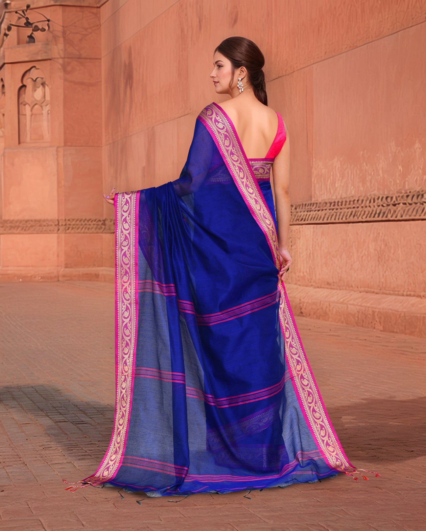 Cotton Blue and Pink Saree with Running Blouse