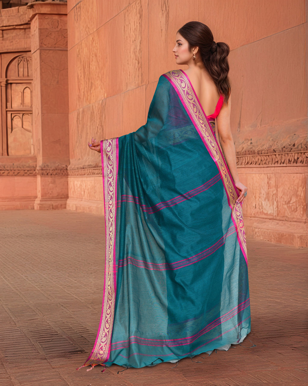 Cotton Teal Saree with Running Blouse