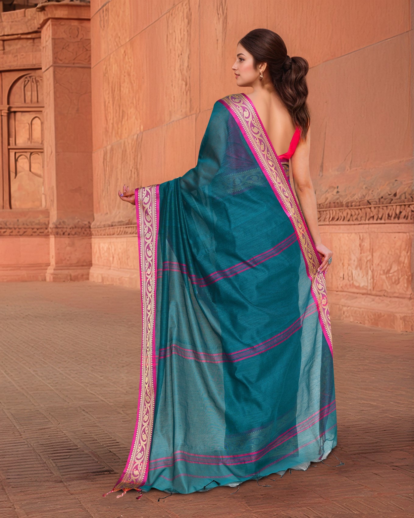 Cotton Teal Saree with Running Blouse