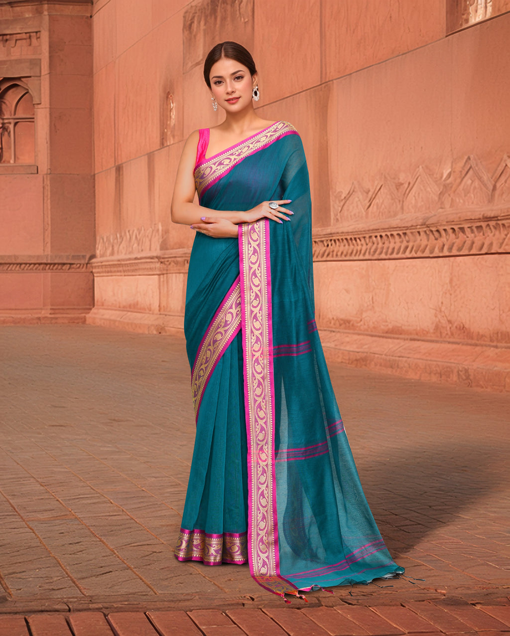 Cotton Teal Saree with Running Blouse