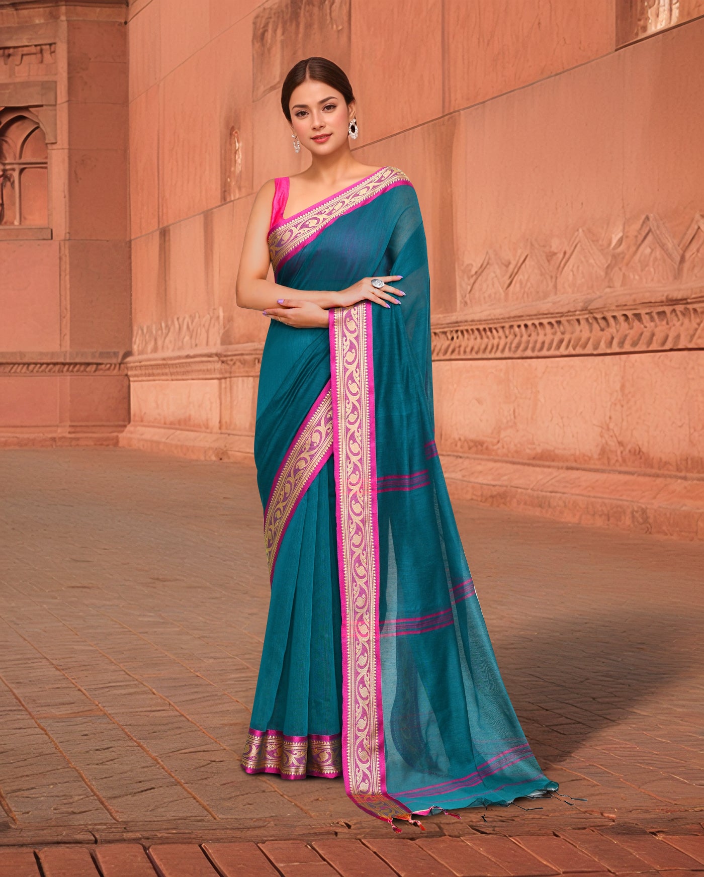 Cotton Teal Saree with Running Blouse