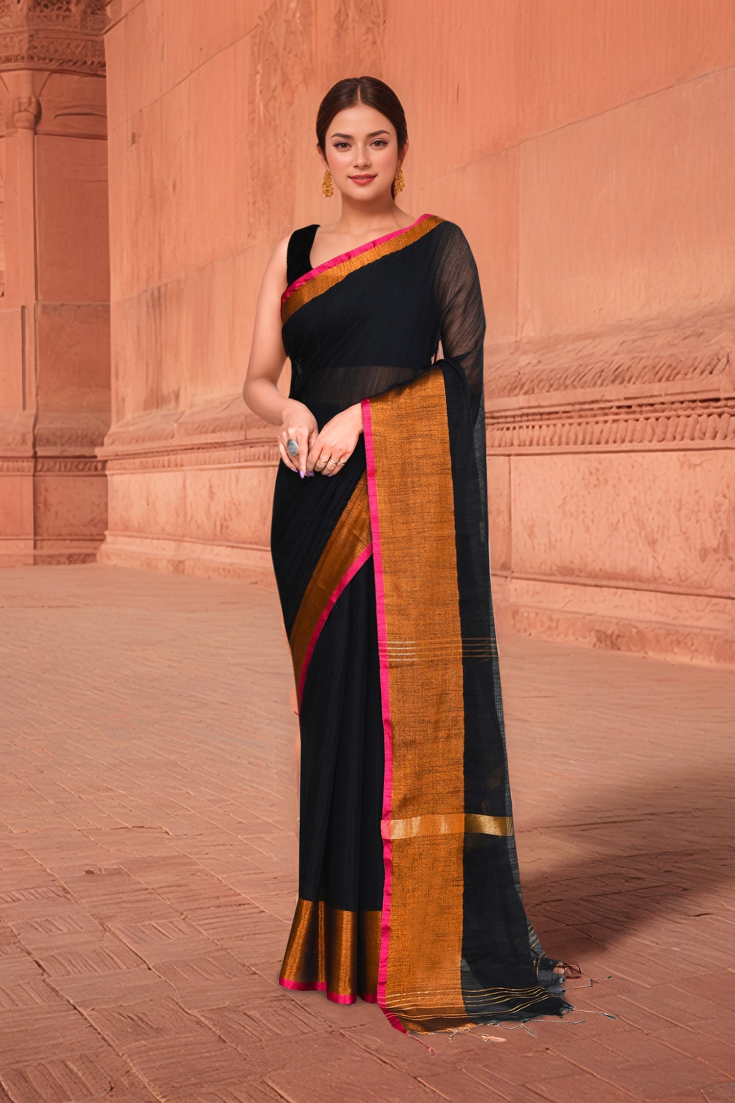 Cotton Black and Golden Saree with Running Blouse