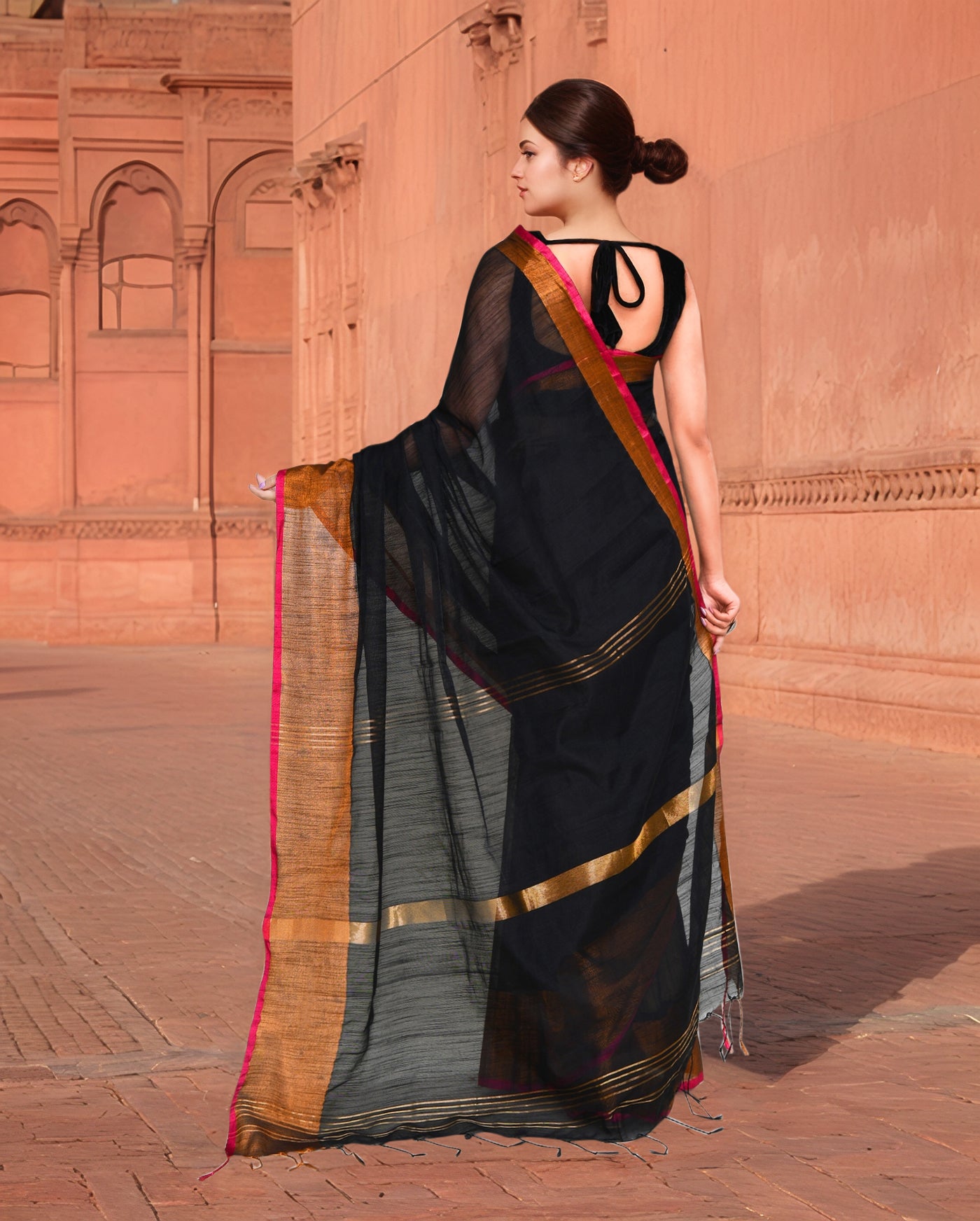 Cotton Black and Golden Saree with Running Blouse