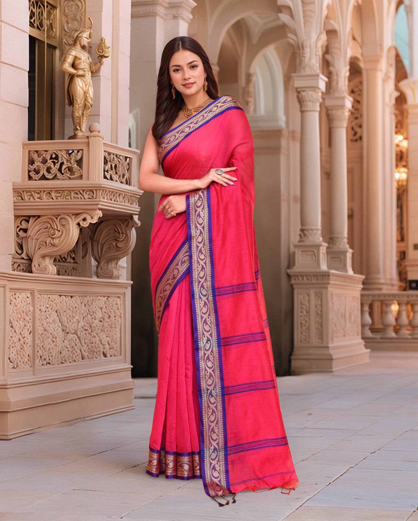 Cotton Pink Saree with Running Blouse