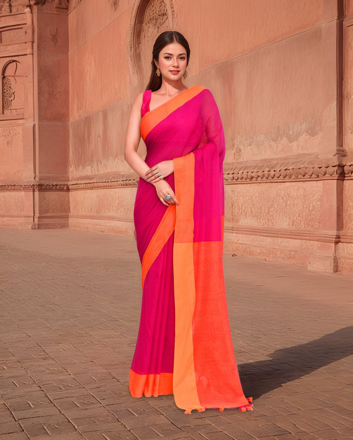 Cotton Pink and Orange Saree with Running Blouse
