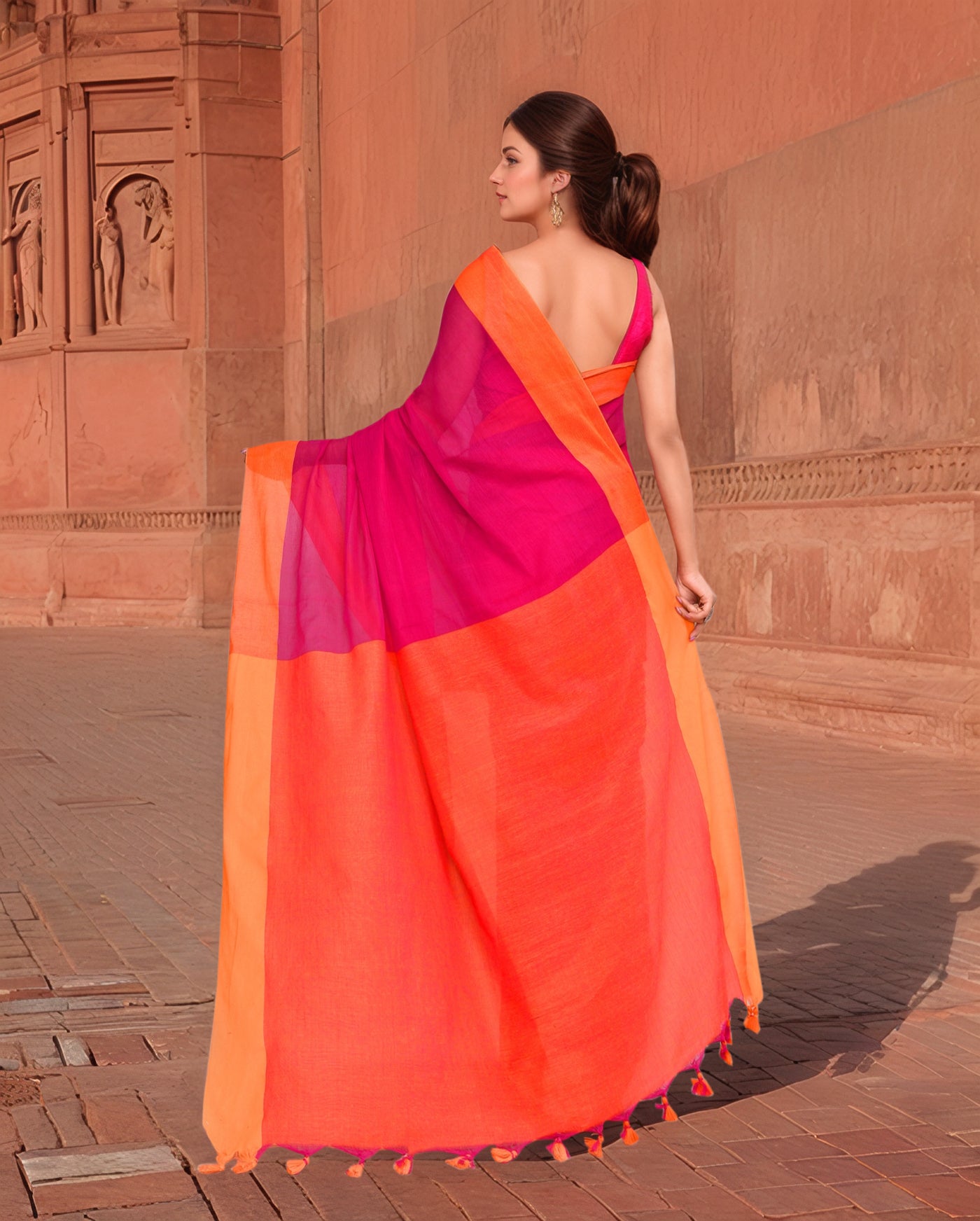 Cotton Pink and Orange Saree with Running Blouse