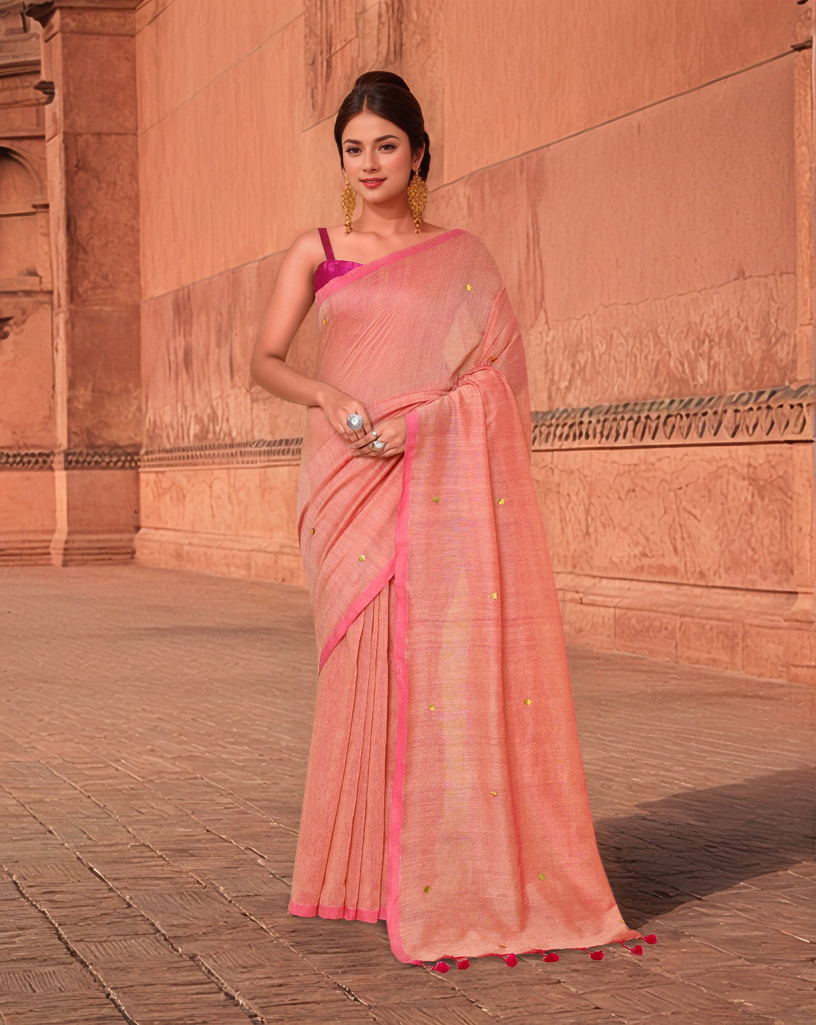 Cotton Peach Saree with Running Blouse