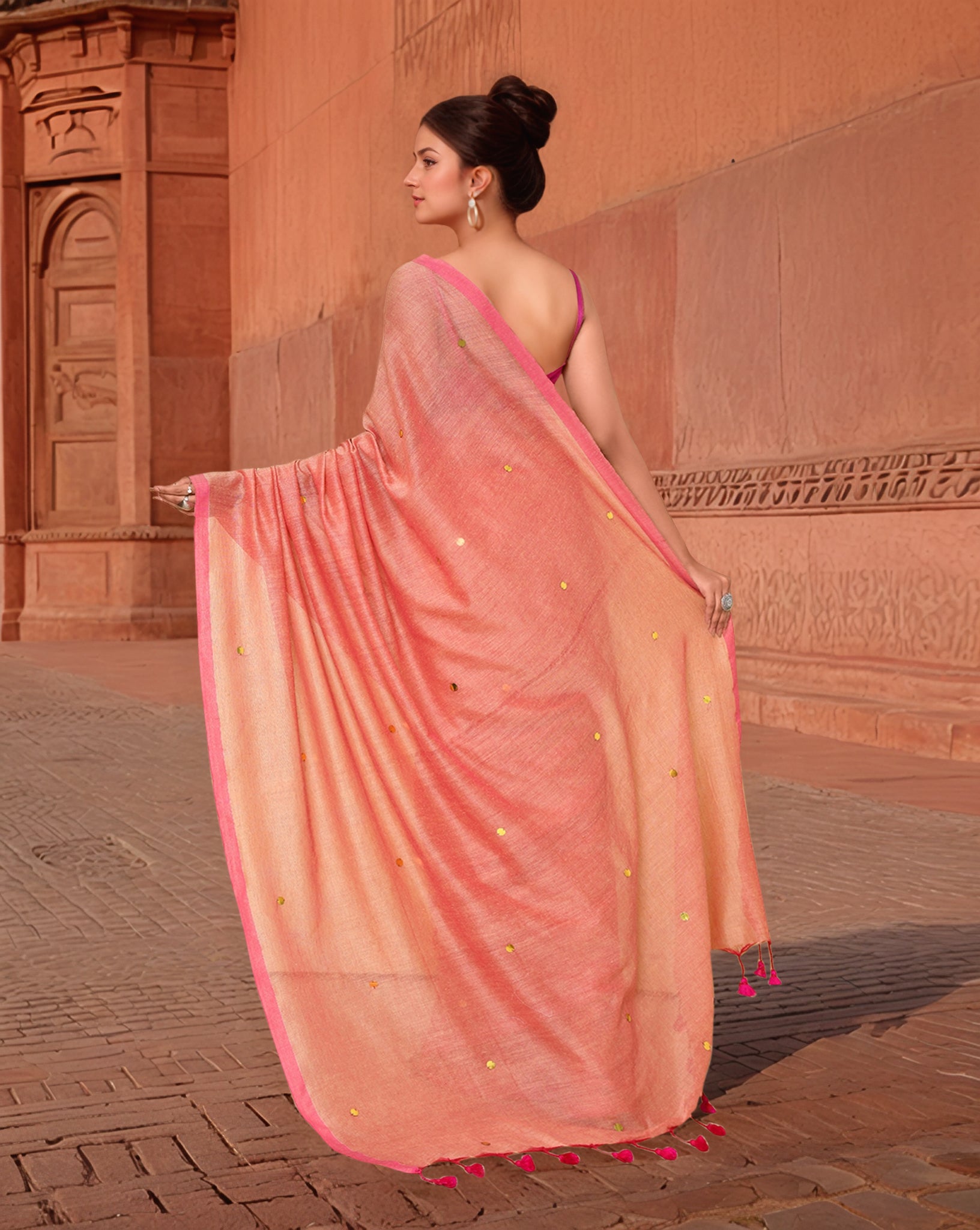 Cotton Peach Saree with Running Blouse