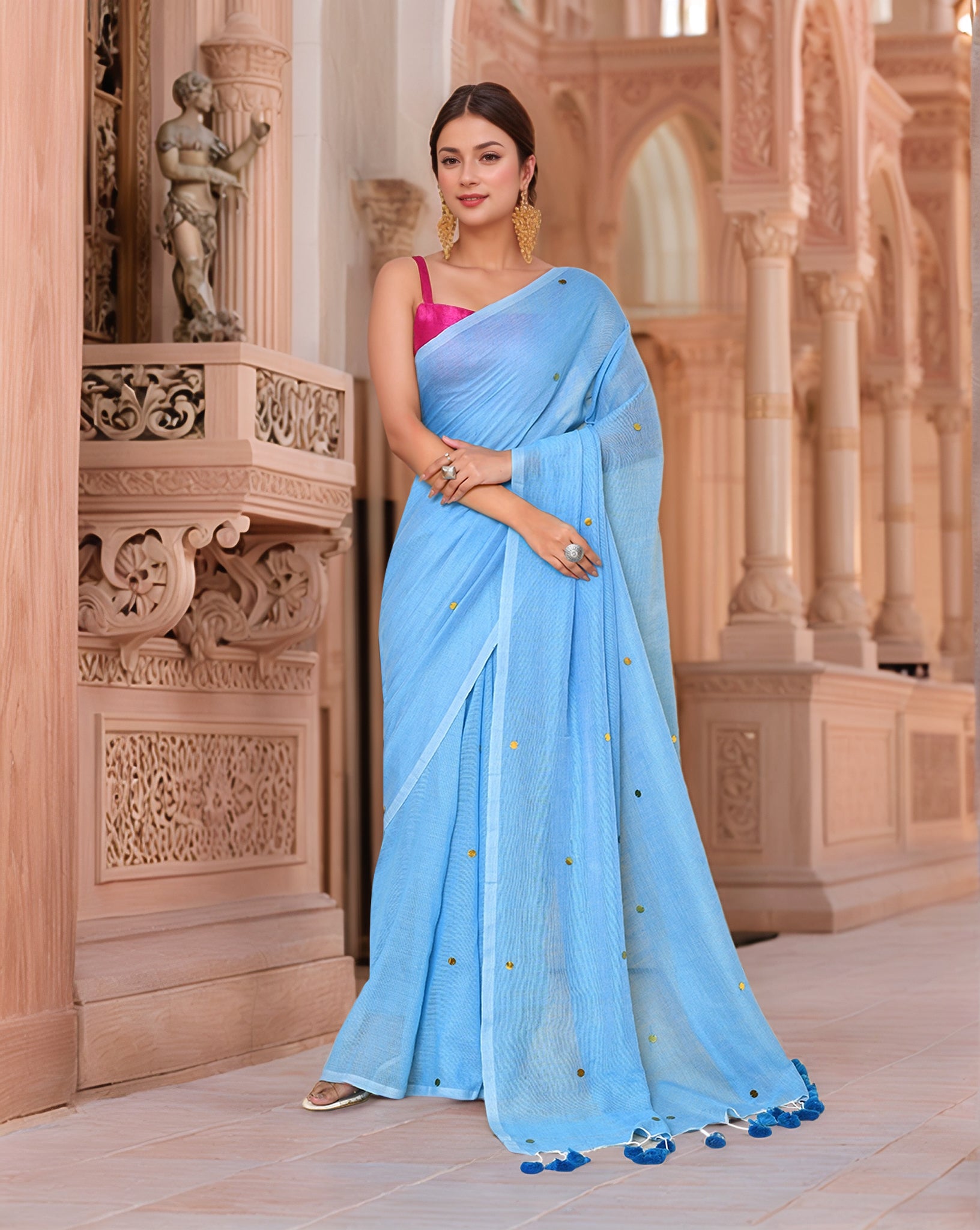 Cotton Blue and Pink Saree with Running Blouse