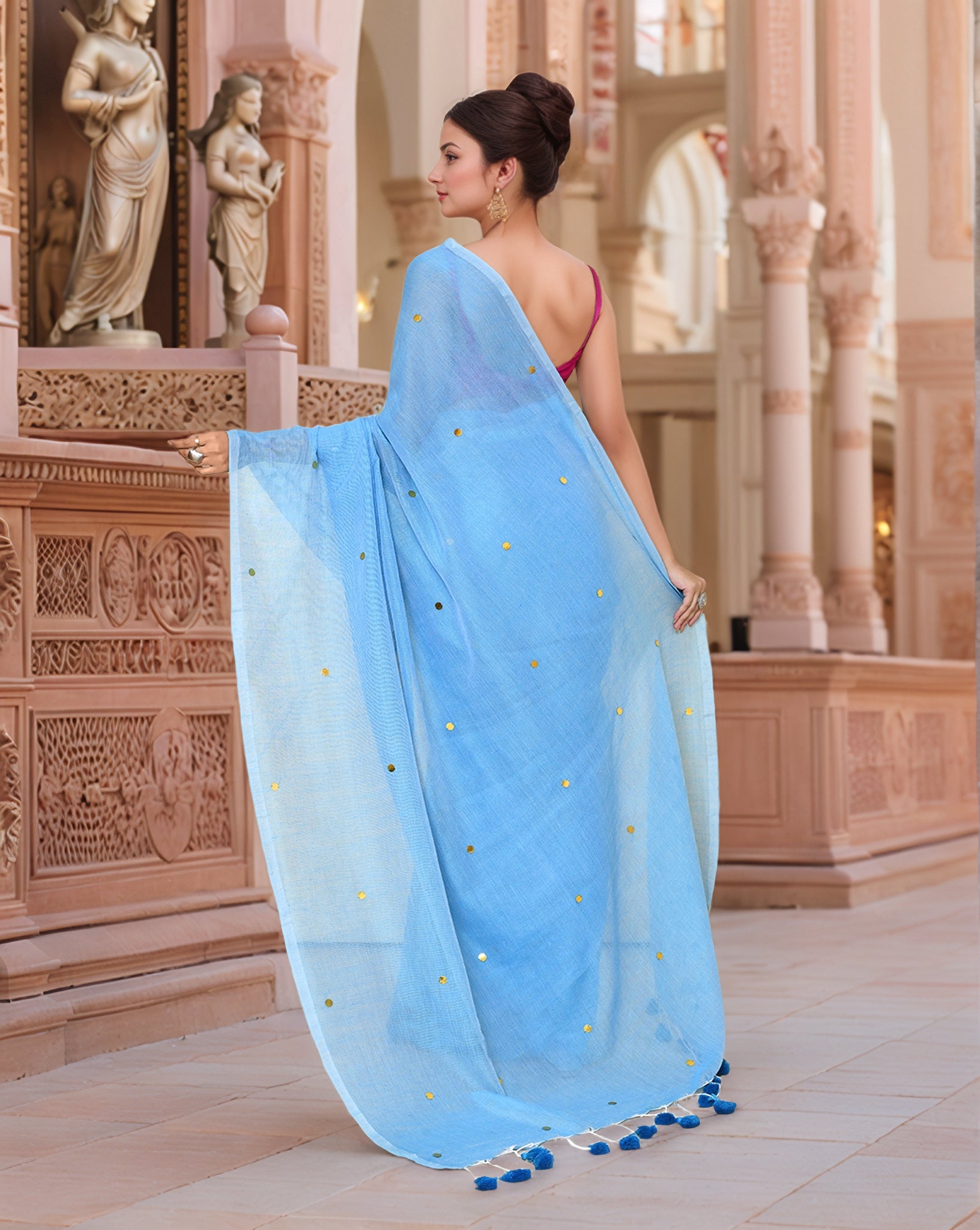 Cotton Blue and Pink Saree with Running Blouse