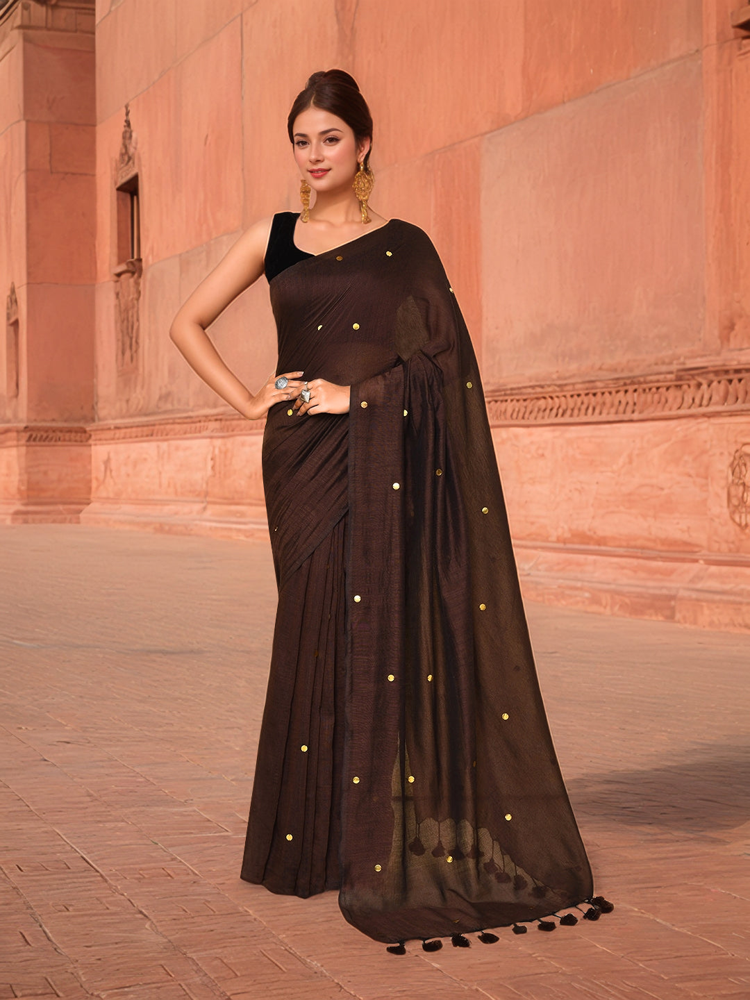 Cotton Brown Saree with Running Blouse