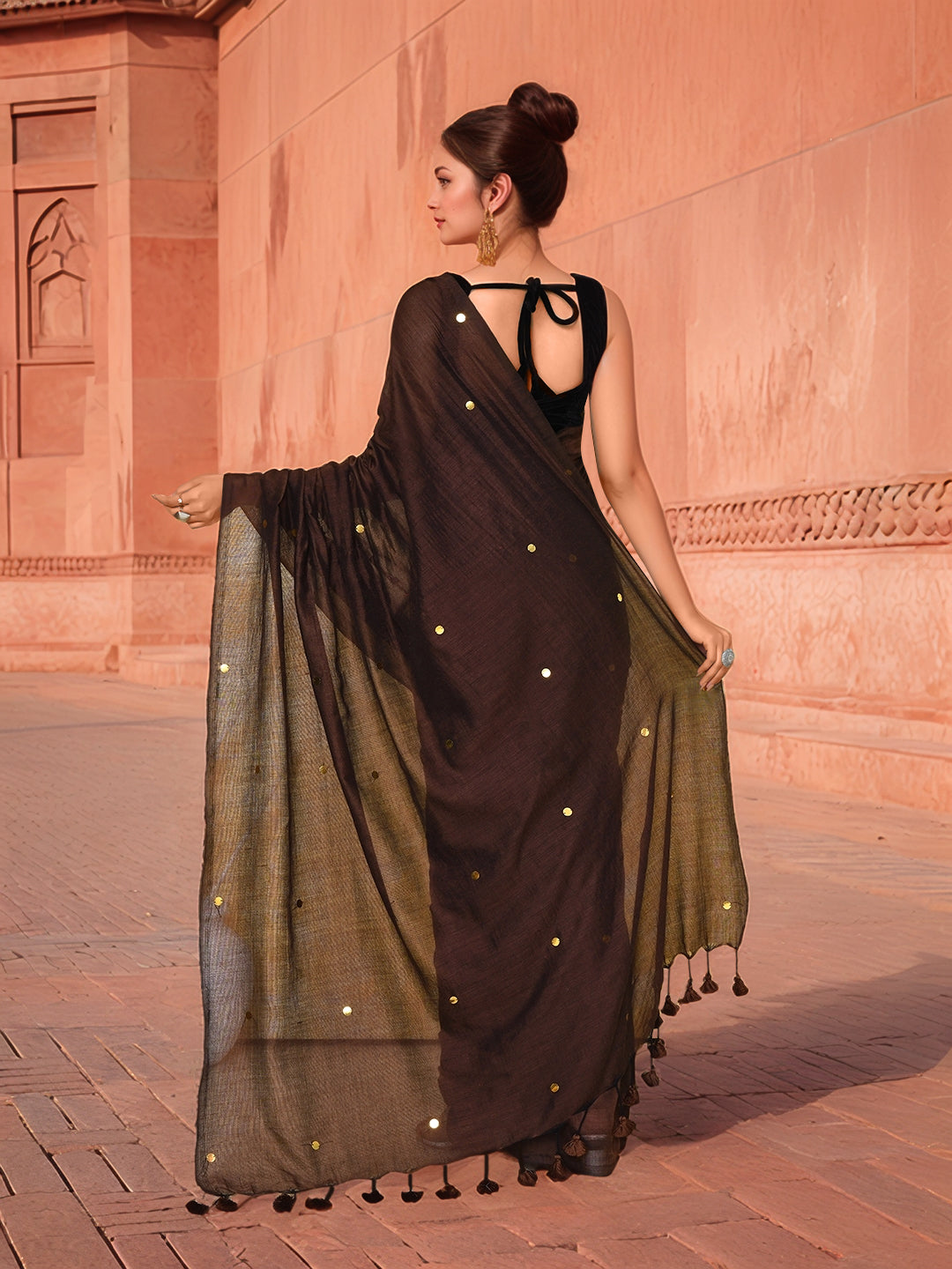 Cotton Brown Saree with Running Blouse