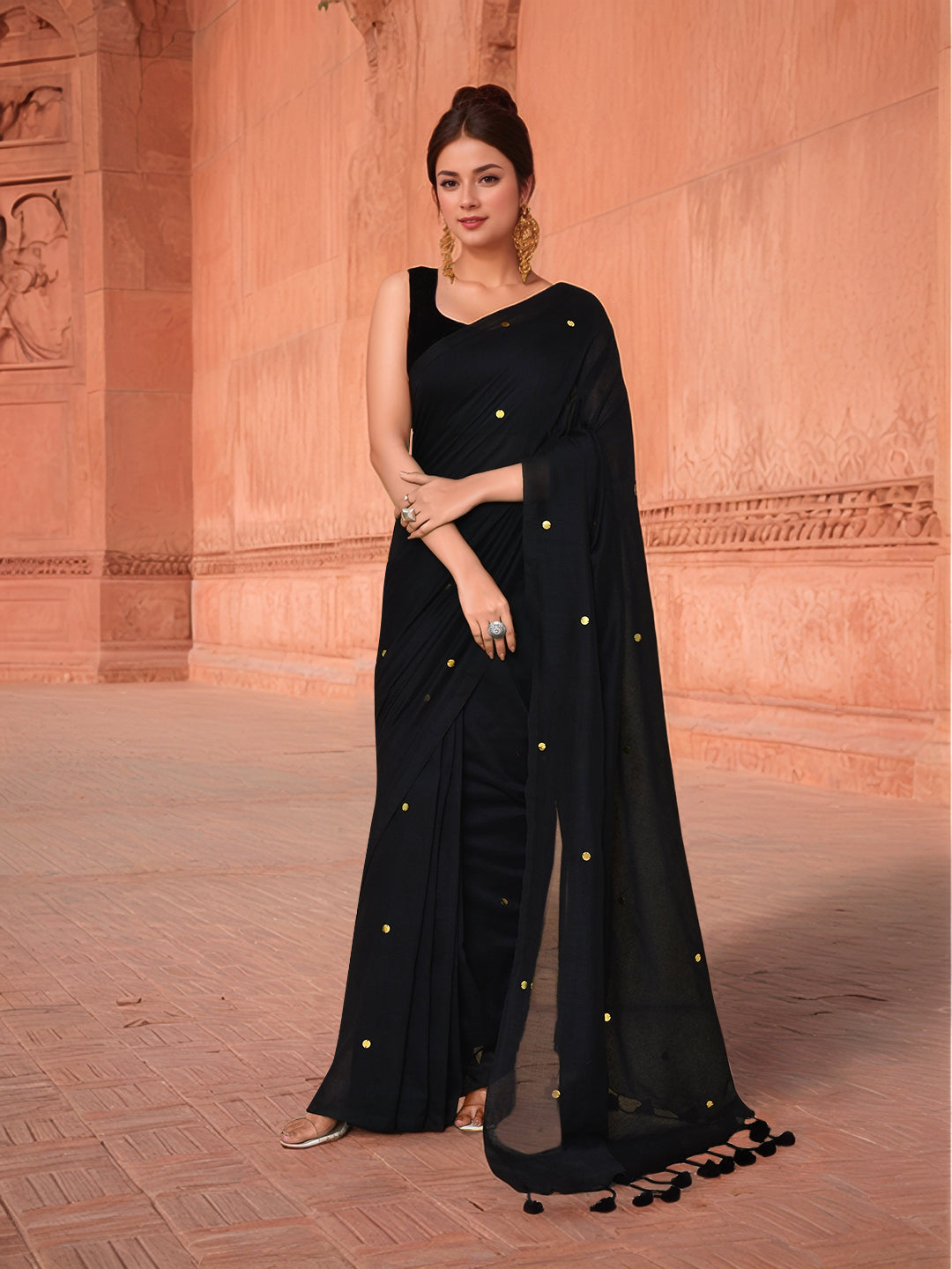 Cotton Black Saree with Running Blouse
