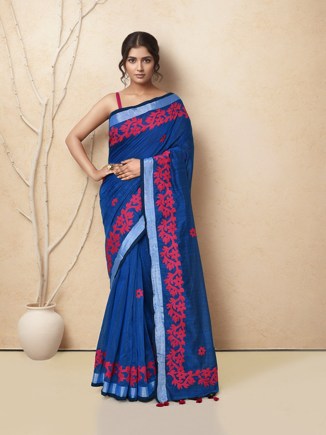 Women Blue Cotton Applic Saree with Rumming Blouse Pcs