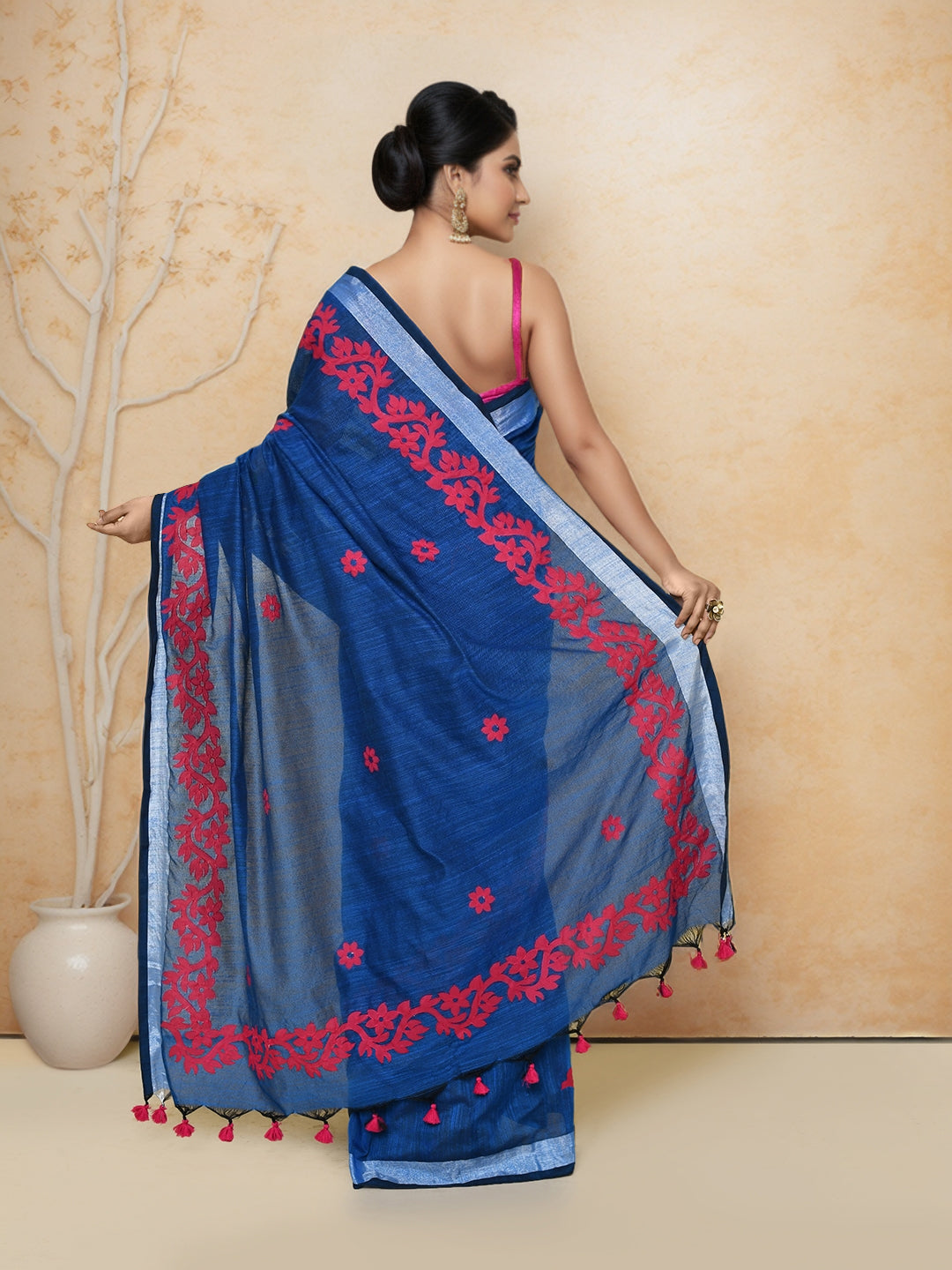 Women Blue Cotton Applic Saree with Rumming Blouse Pcs