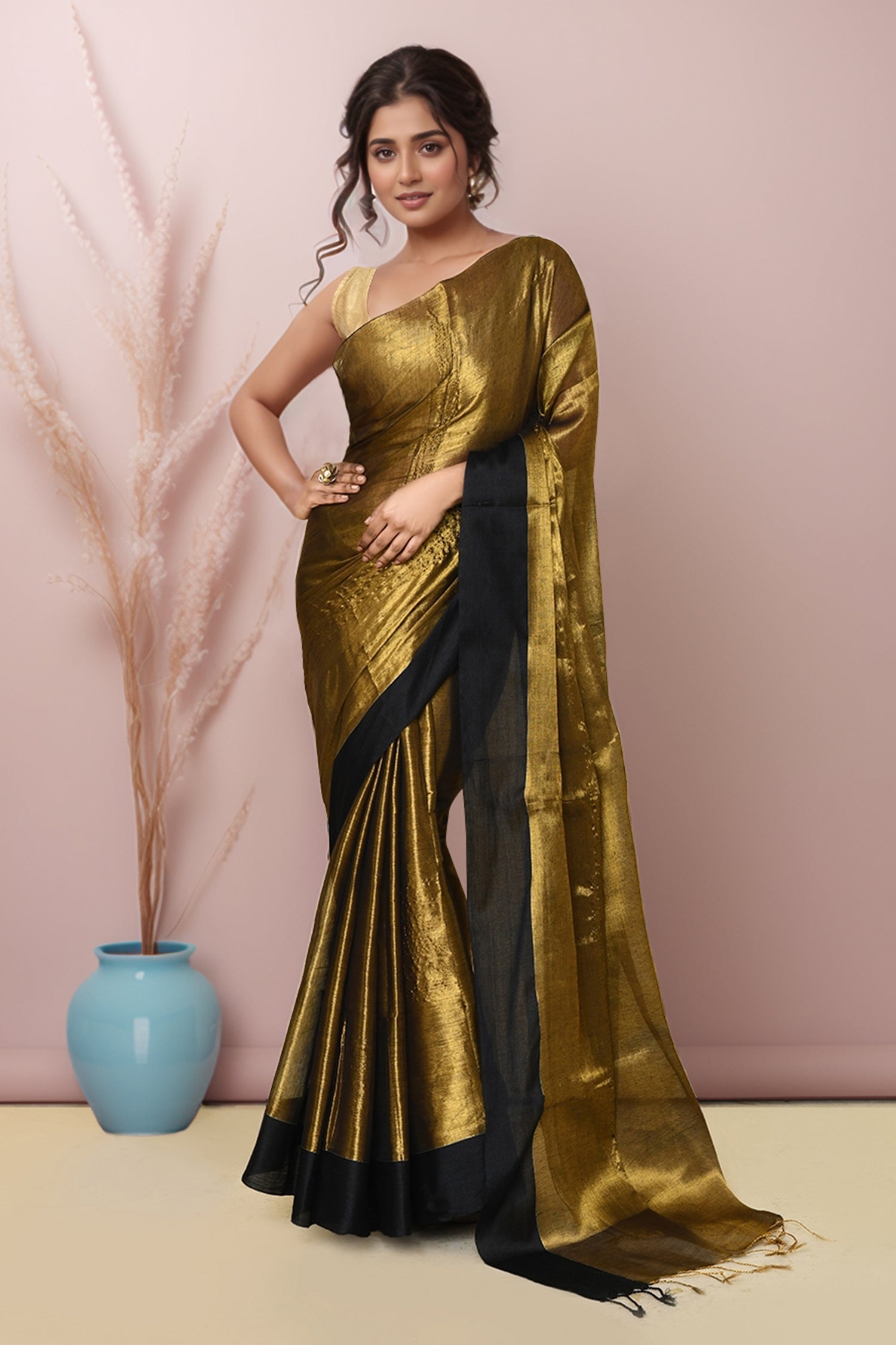 Women Gold and Black Tissue Saree with Rumming Blouse Pcs