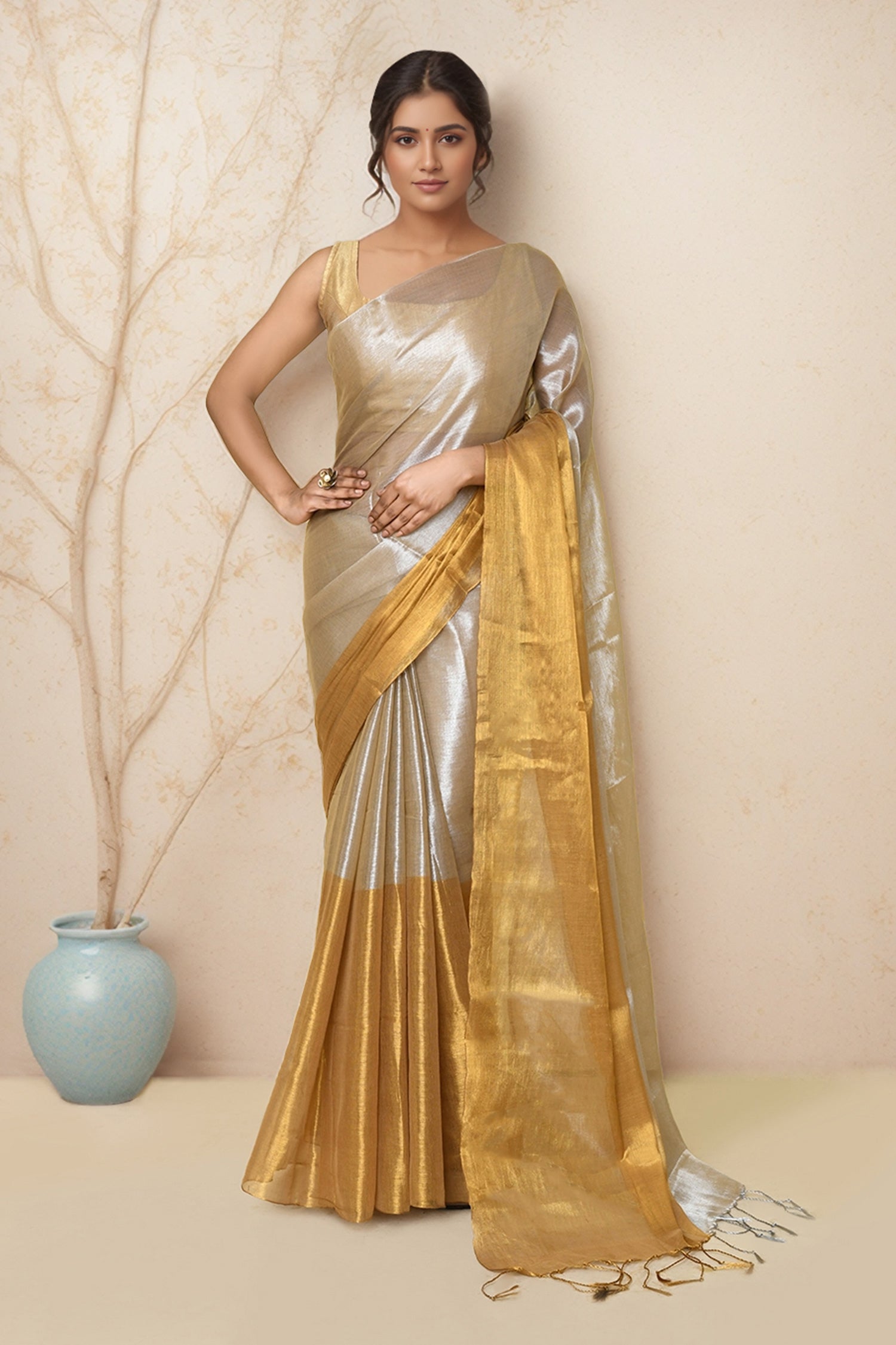 Women Light Beige Tissue Saree with Running Blouse Pcs