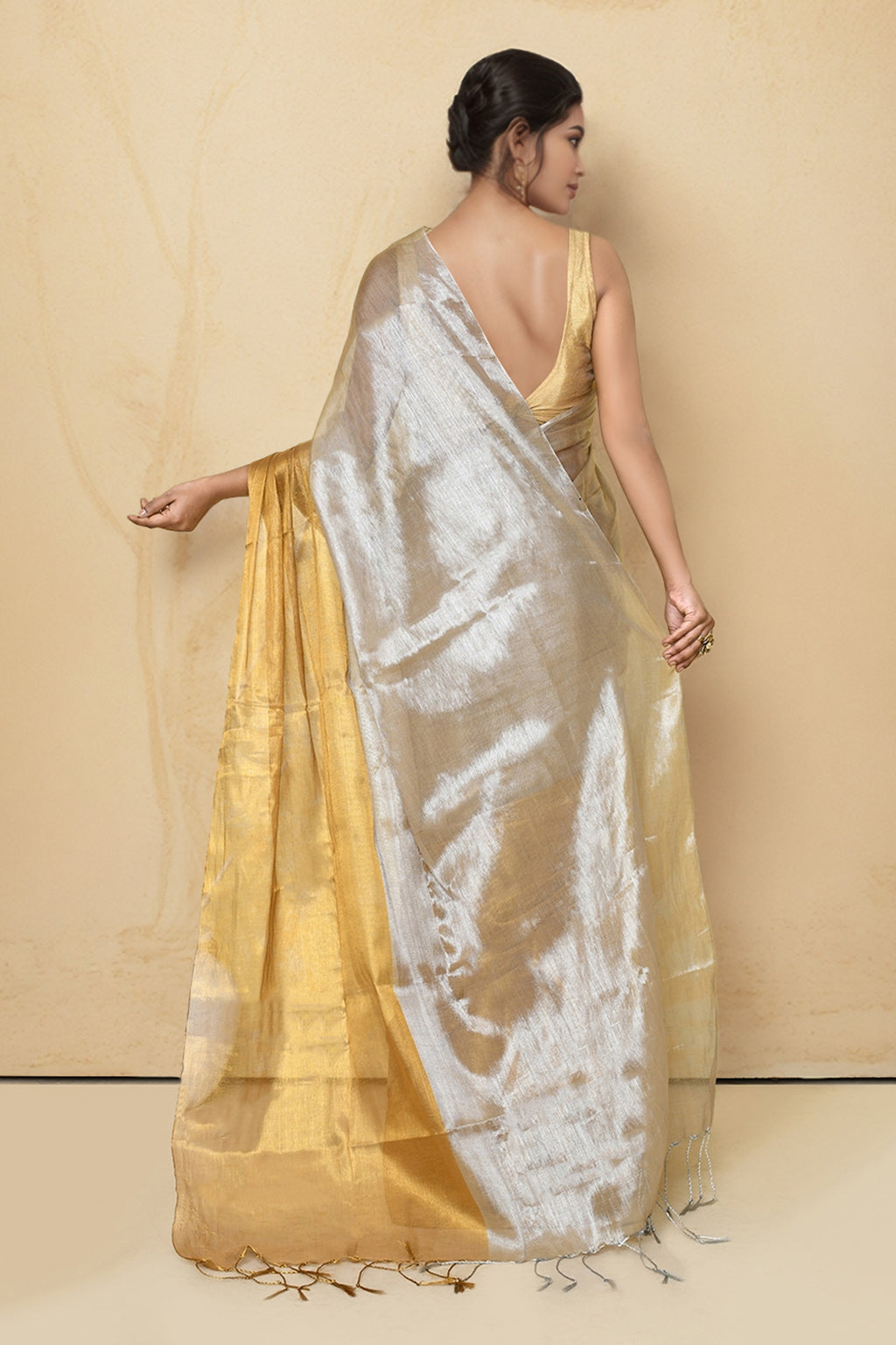 Women Light Beige Tissue Saree with Running Blouse Pcs