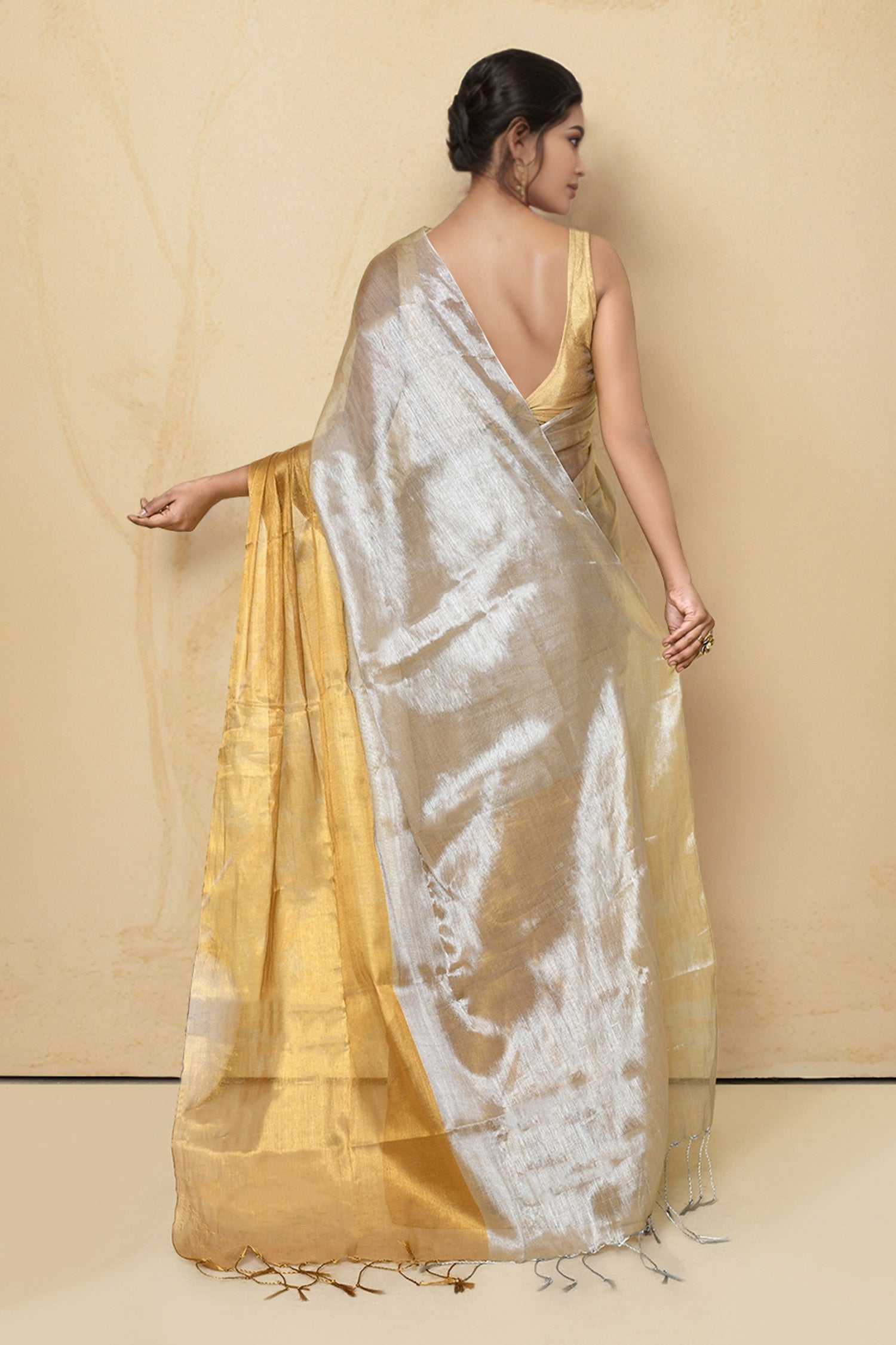 Women Light Beige Tissue Saree with Running Blouse Pcs