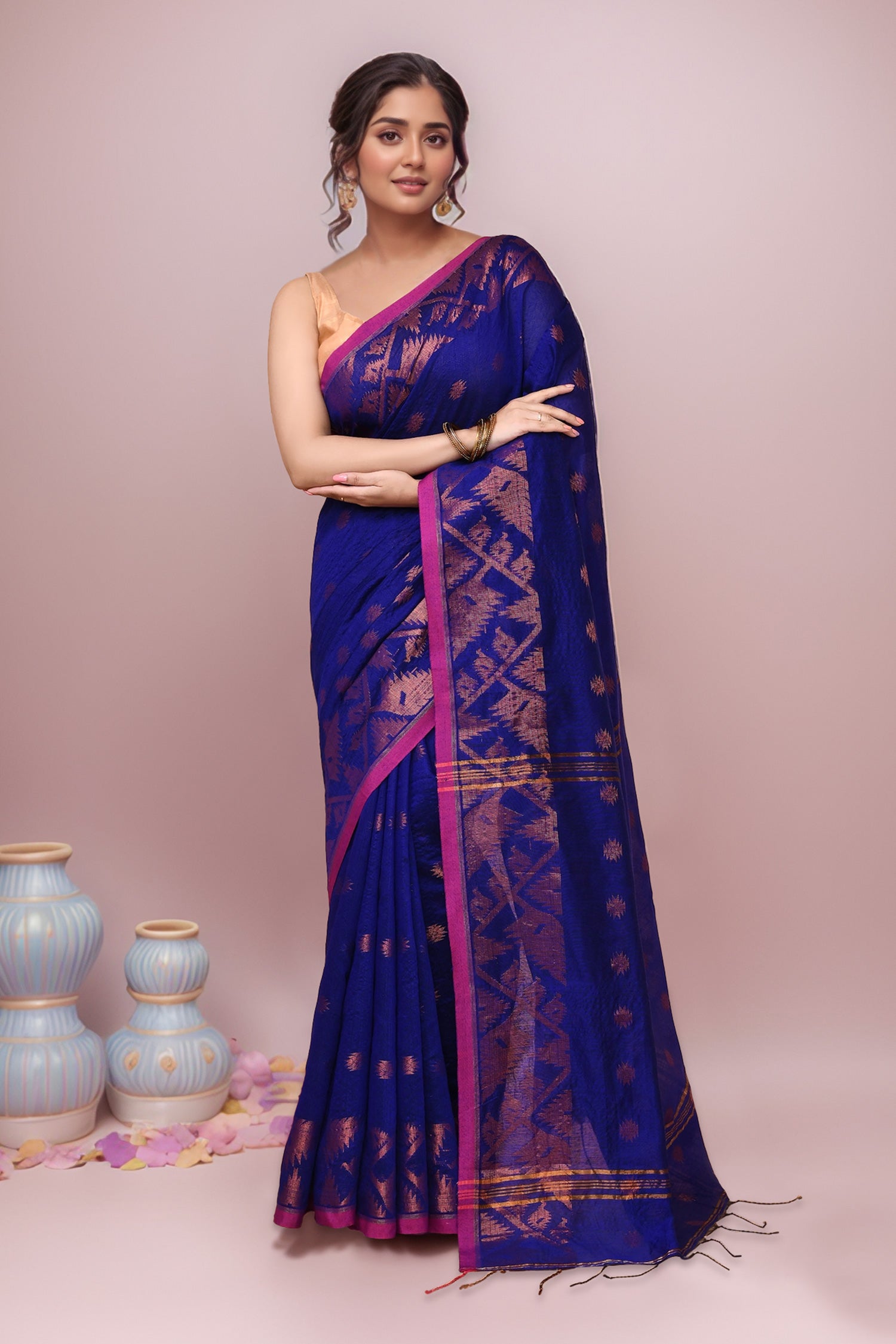 Women Blue Cotton Blend Handloom saree with Running Blouse