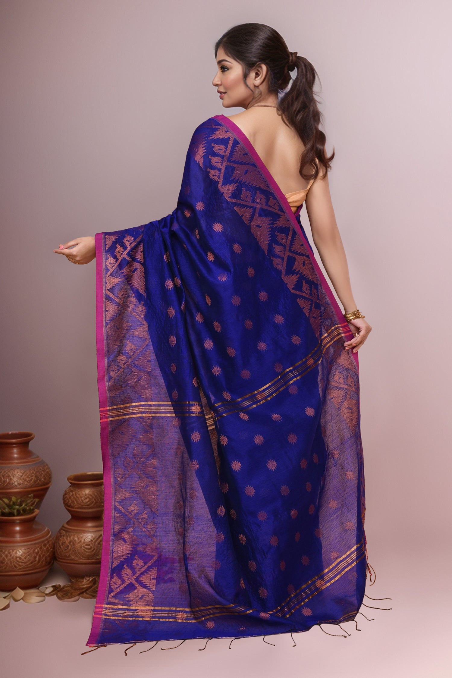 Women Blue Cotton Blend Handloom saree with Running Blouse