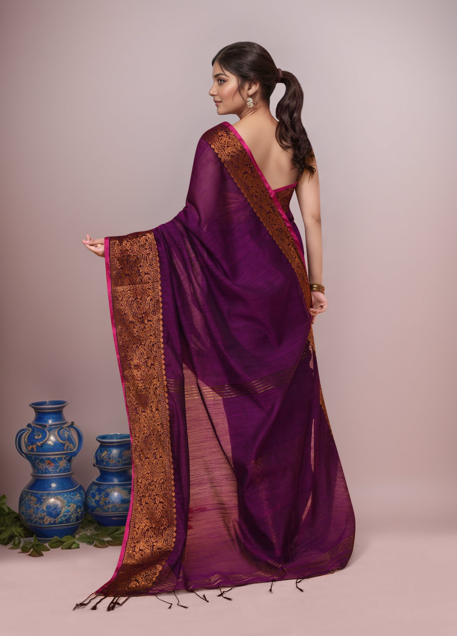 Women Wine Cotton Blend Handloom saree with Running Blouse