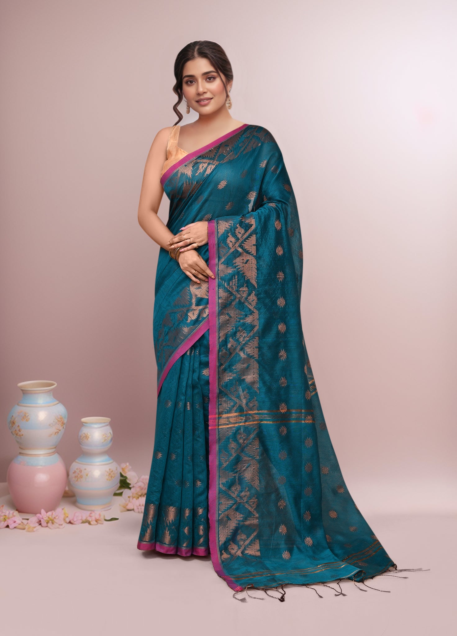 Women Blue Cotton Blend Handloom saree with Running Blouse