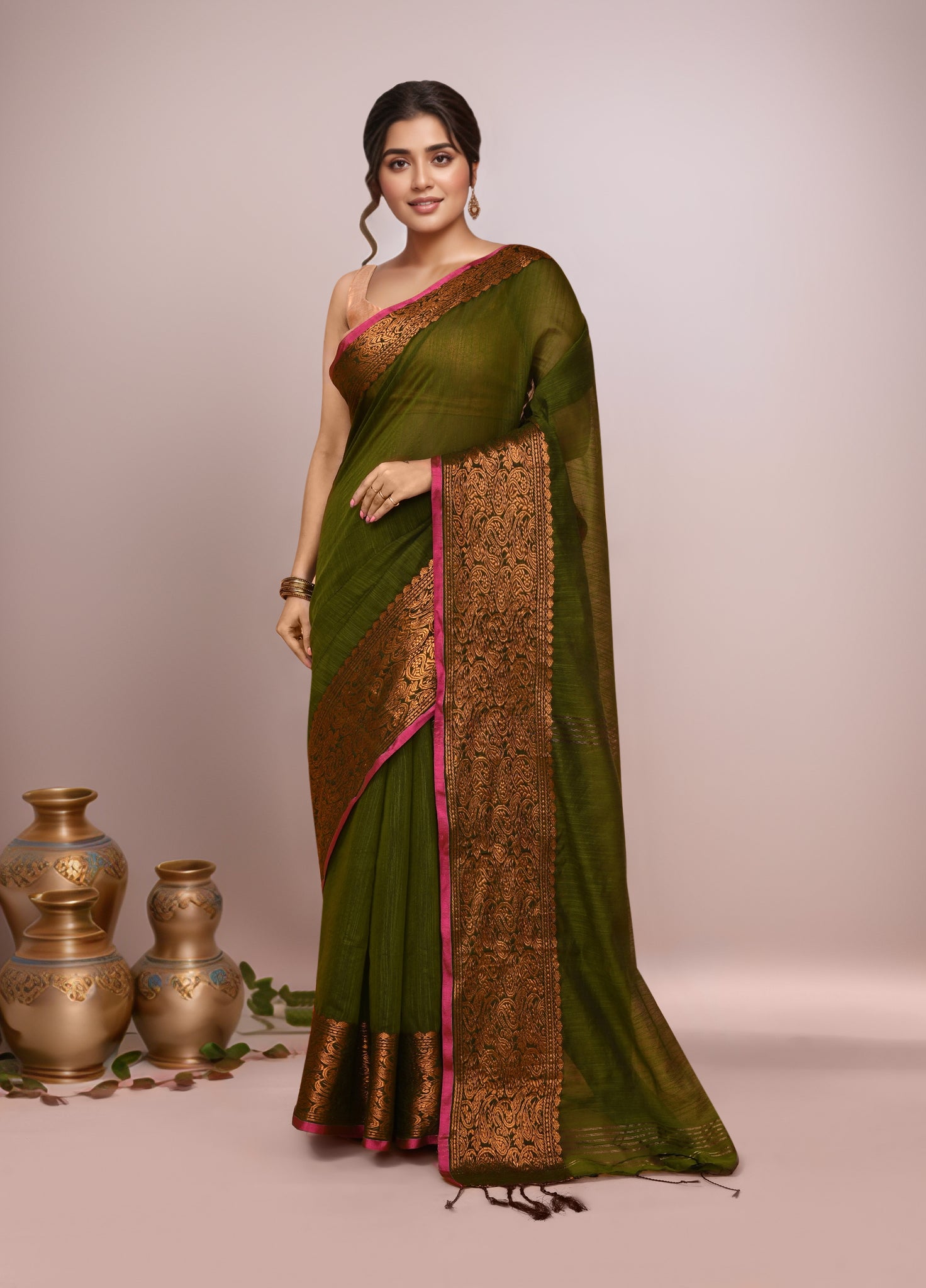 Women Mehandi Cotton Blend Handloom saree with Running Blouse