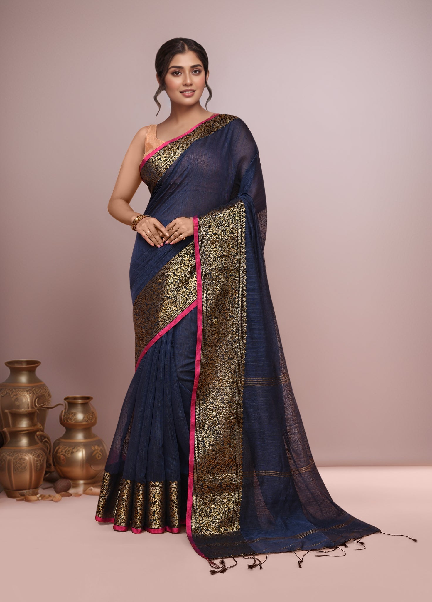 Women Navy Blue Cotton Blend Handloom saree with Running Blouse