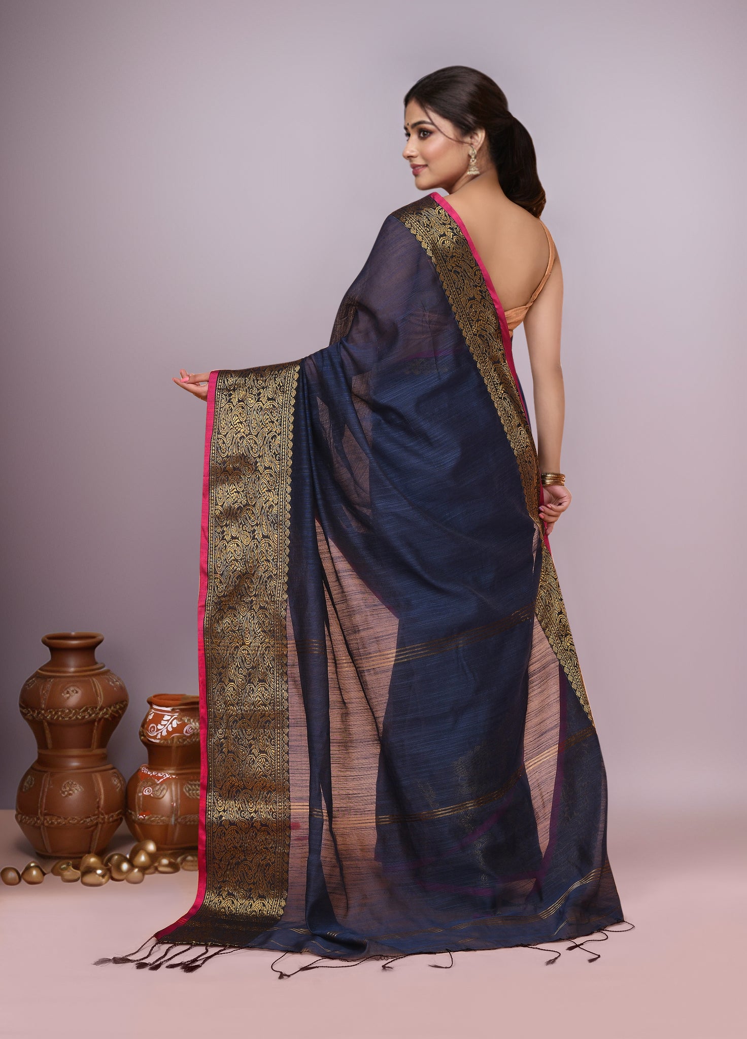 Women Navy Blue Cotton Blend Handloom saree with Running Blouse