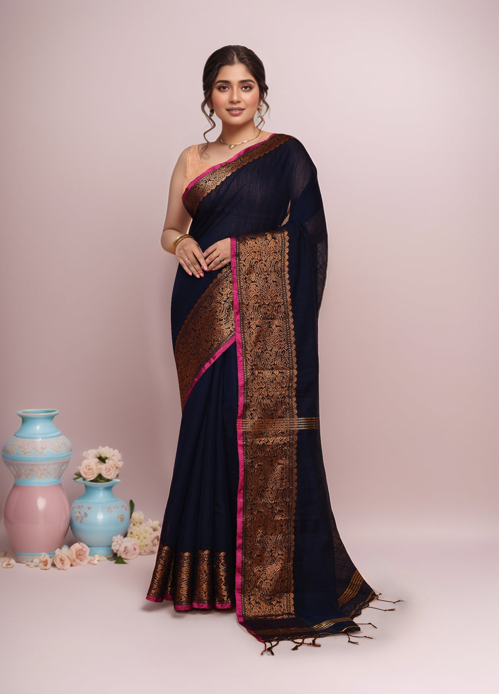 Women Dark Blue Cotton Blend Handloom saree with Running Blouse