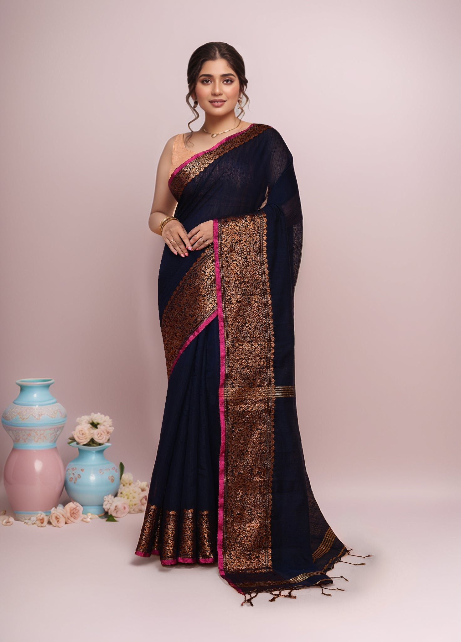 Women Dark Blue Cotton Blend Handloom saree with Running Blouse
