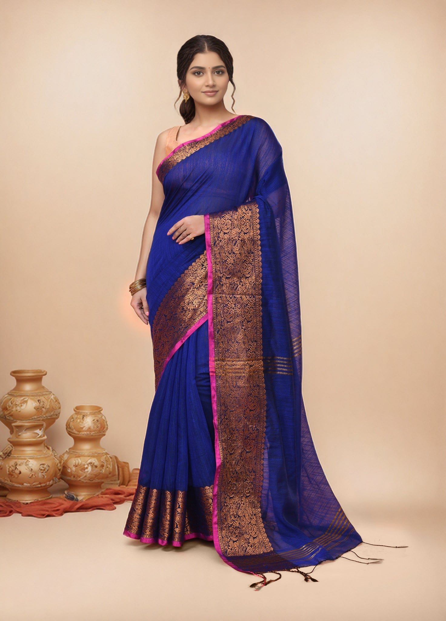 Women Navy Blue Cotton Blend Handloom saree with Running Blouse pcs