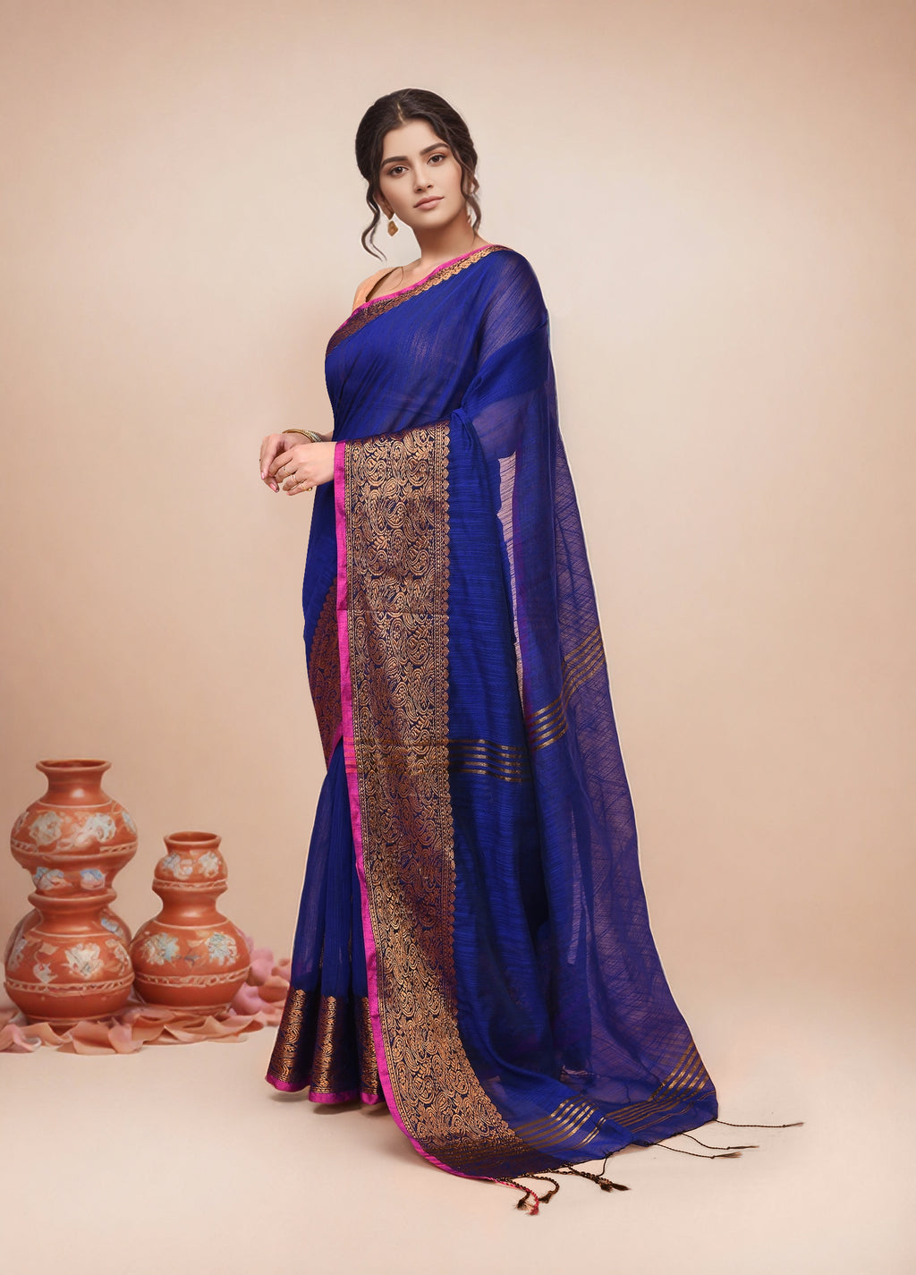 Women Navy Blue Cotton Blend Handloom saree with Running Blouse pcs