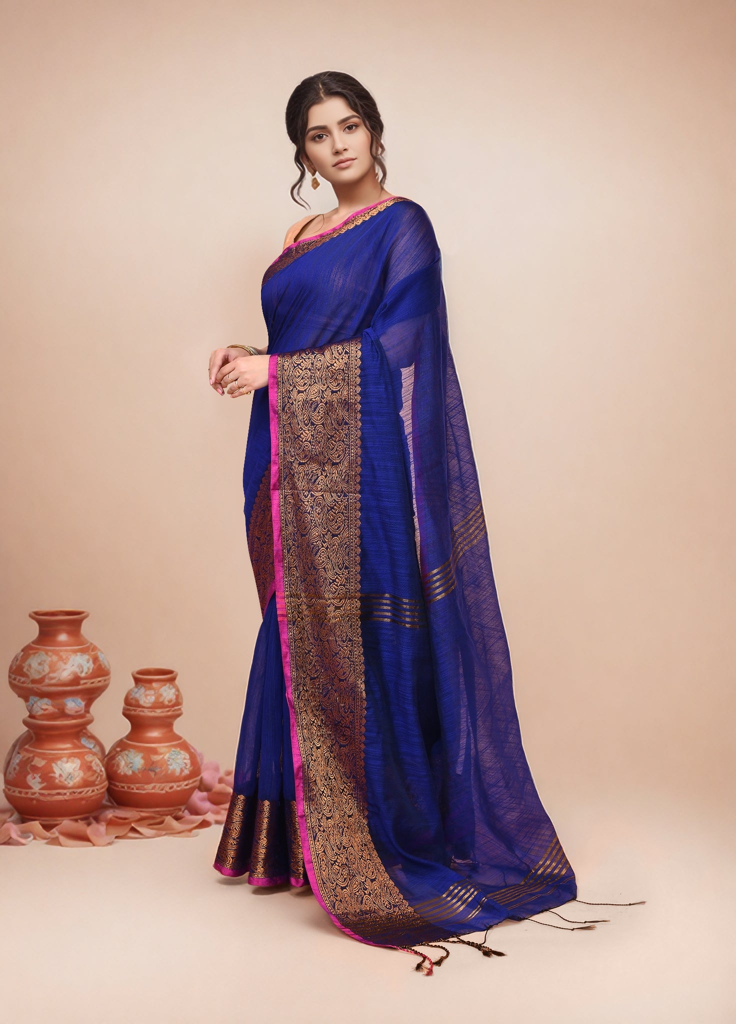 Women Navy Blue Cotton Blend Handloom saree with Running Blouse pcs
