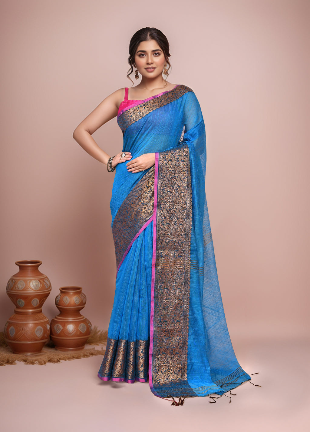 Women  Blue Cotton Blend Handloom saree with Running Blouse