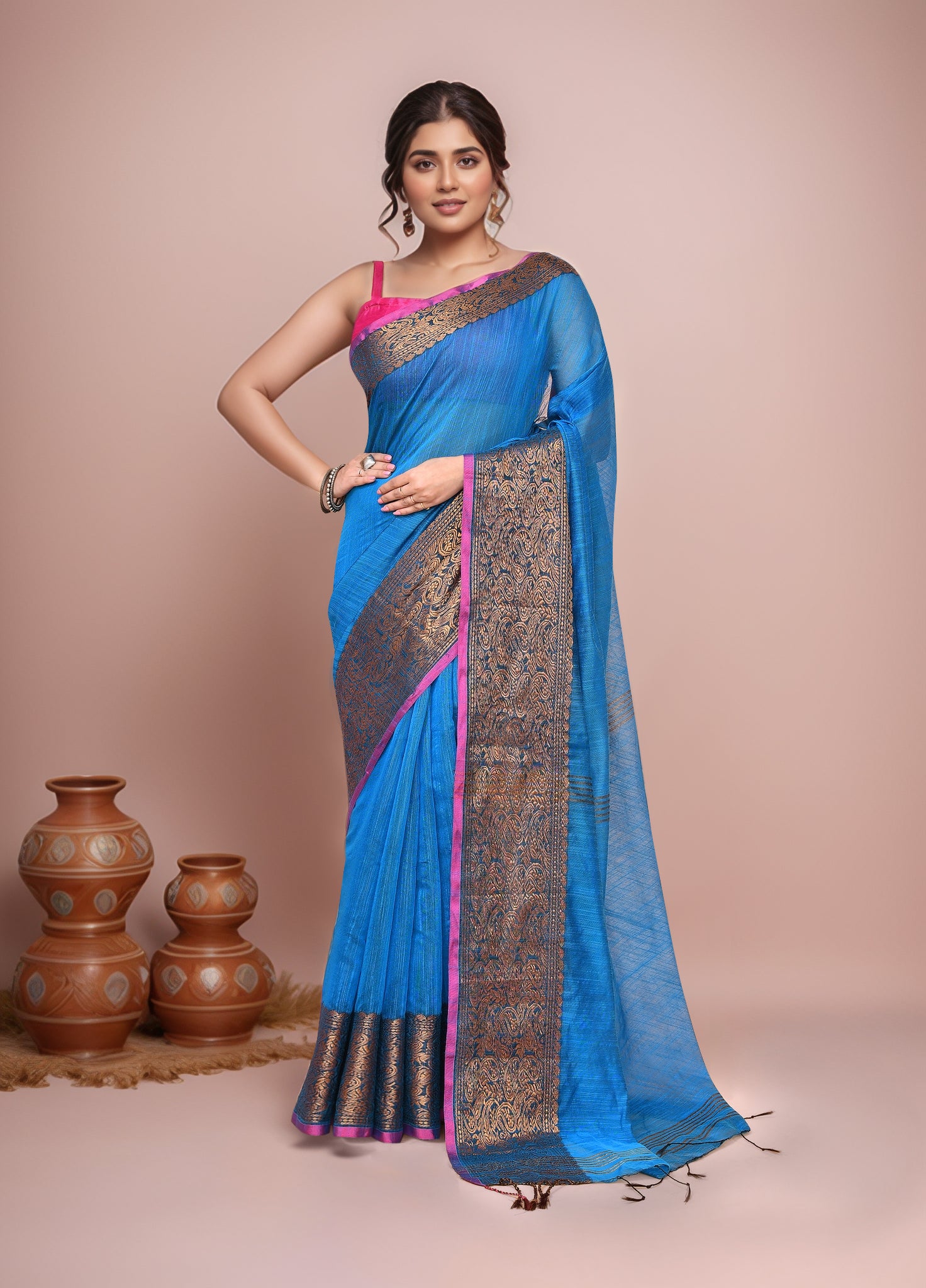 Women  Blue Cotton Blend Handloom saree with Running Blouse