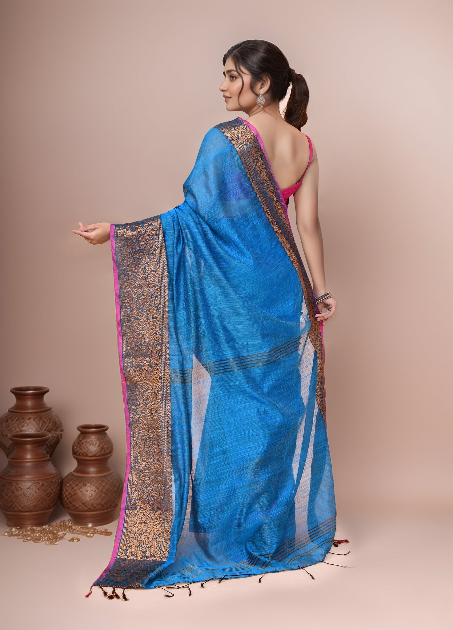 Women  Blue Cotton Blend Handloom saree with Running Blouse
