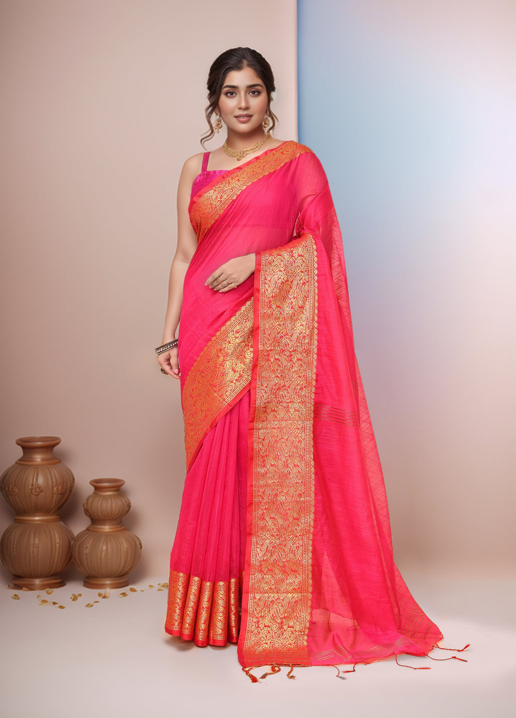 Women  Pink Cotton Blend Handloom saree with Running Blouse